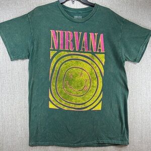 NIRVANA Green Tee with Yellow and Pink Design NWOT - L